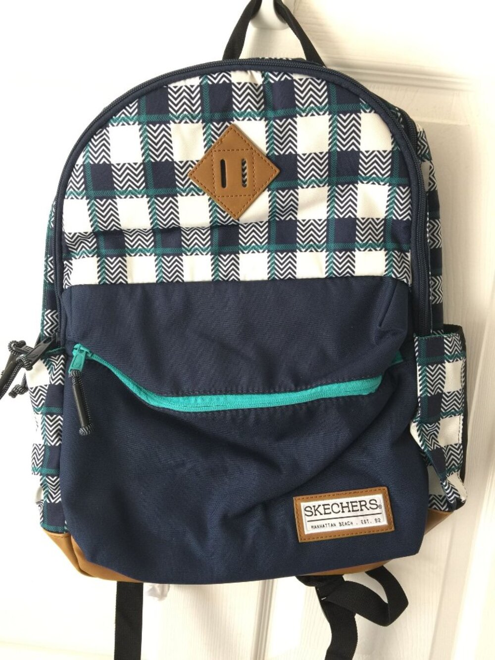 Skechers Large Navy Blue Green Plaid Laptop Backpack School Bag Knapsack